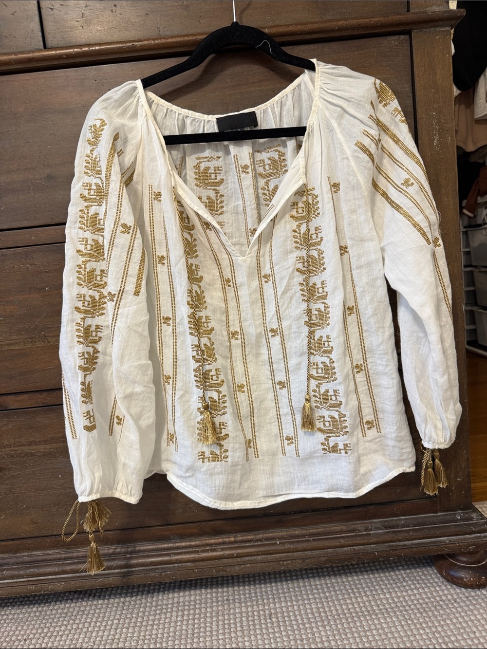 Nili Lotan Ramie Embroidered White Peasant Blouse with Gold Accents
